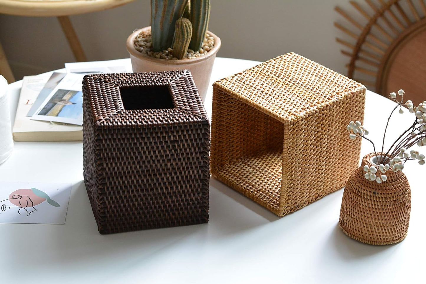 라탄 티슈 박스 커버 스퀘어, 손으로 짠 고리버들 티슈 홀더, 5.5 x 14.5 x 14.5cm(5.5 x 5.5 x