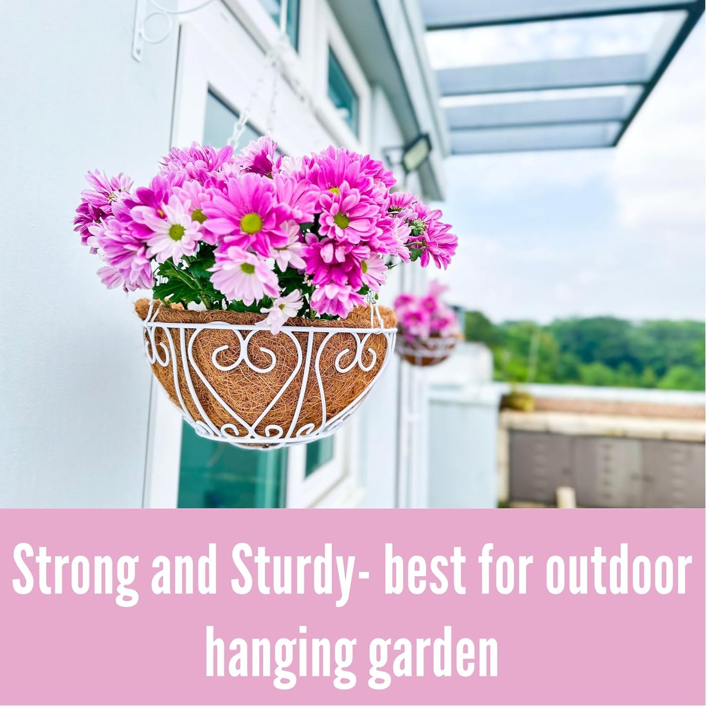 LaLaGreen Hanging Baskets for Plants (4 Pack, 16 Inch) Extra Large Hanging Flower Pot with Coco Liner White Metal Wire Round Plant Holder with Hanger Hook Chain Outdoor Patio Deck Balcony Garden Decor