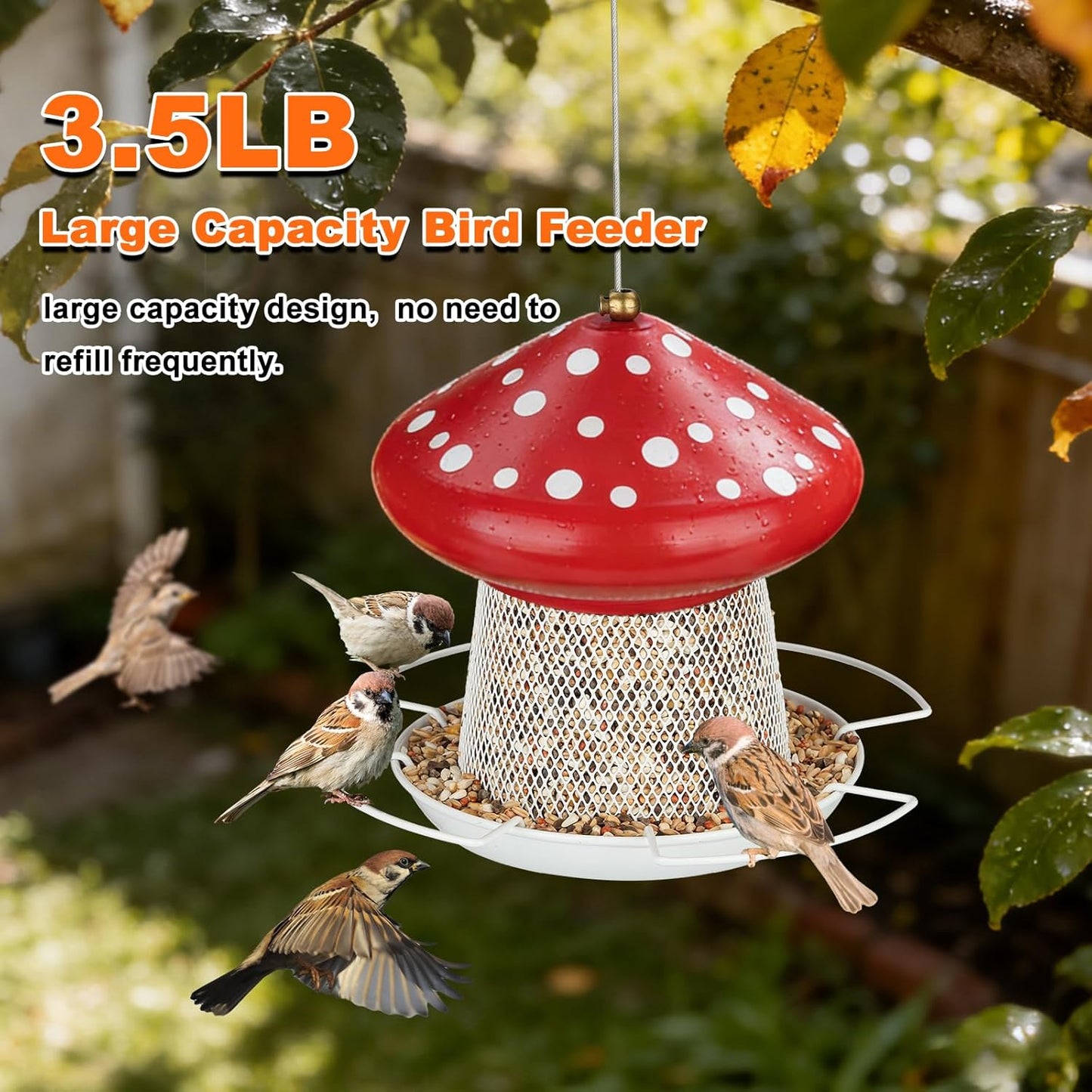 Bird Feeder, Heavy Duty Metal Bird Feeders for Outdoor Hanging, Cute Mushroom Shape 3.5 LB Large Capacity Wild Birdfeeder for Outside Garden Yard (Red)