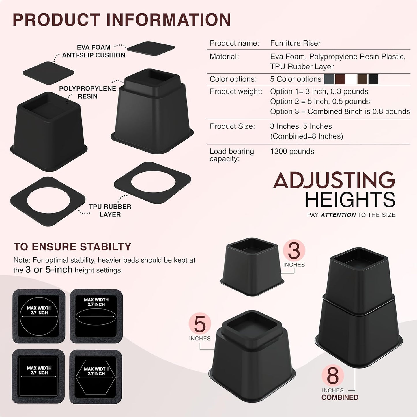 Utopia Bedding Bed Riser, 3 & 5 Inches Adjustable Furniture Risers for
