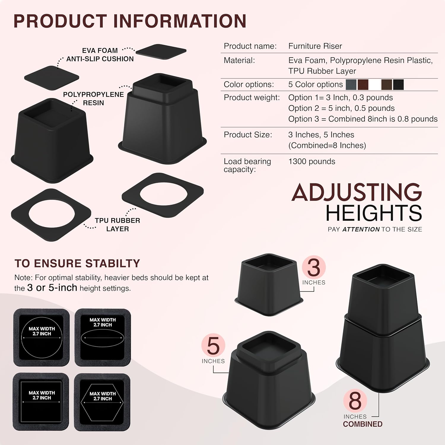 Utopia Bedding Bed Riser, 3 & 5 Inches Adjustable Furniture Risers for