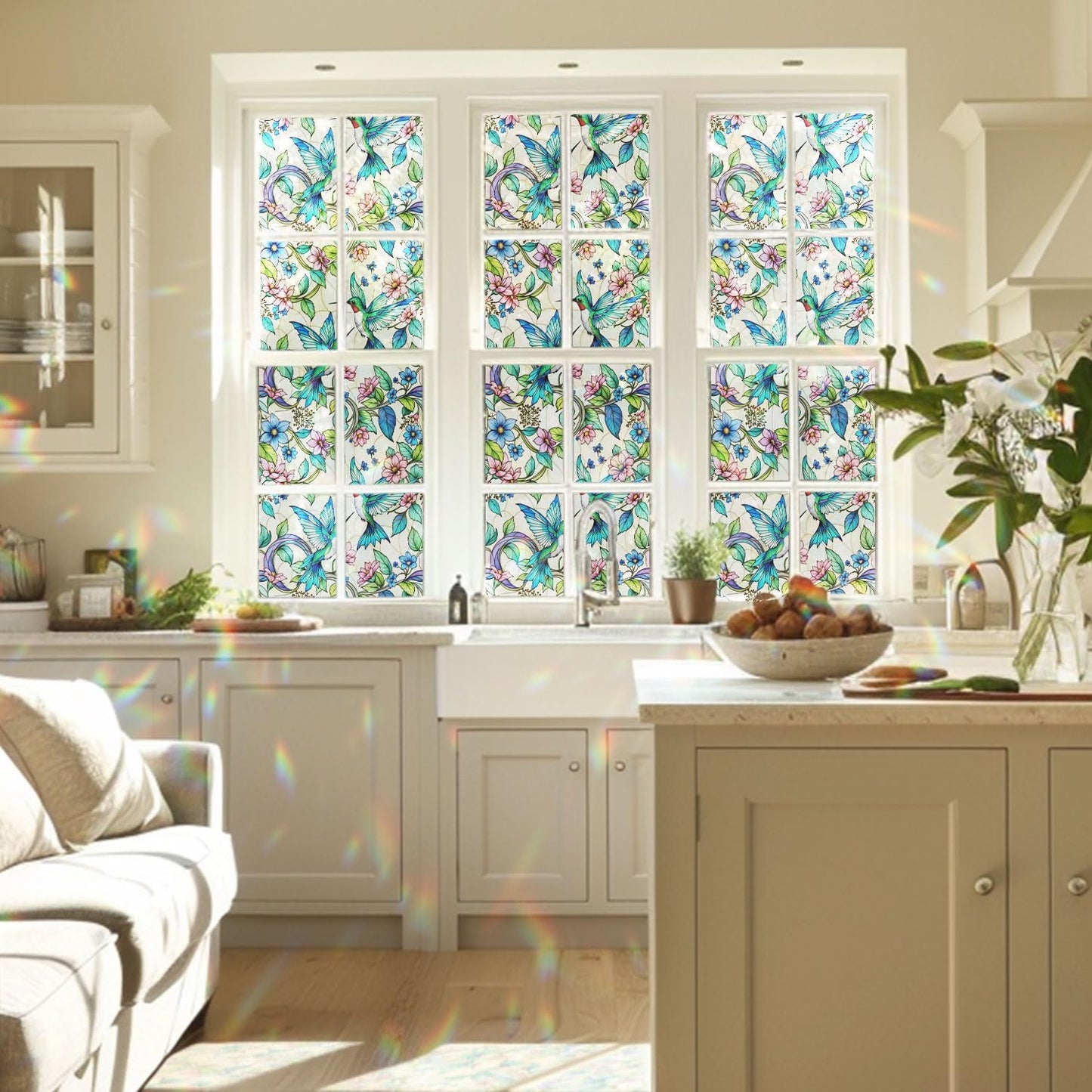 2PCS 17.7x39.4inch Hummingbird Stained Glass Window Film, Hummingbird Stained Glass Window Film for Bathroom Door Heat Anti UV