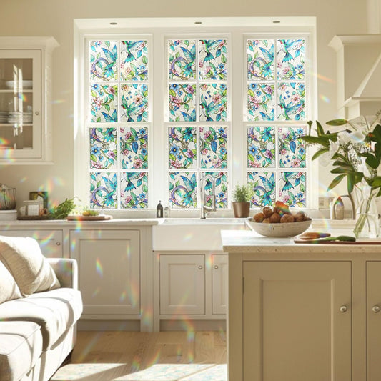 2PCS 17.7x39.4inch Hummingbird Stained Glass Window Film, Hummingbird Stained Glass Window Film for Bathroom Door Heat Anti UV