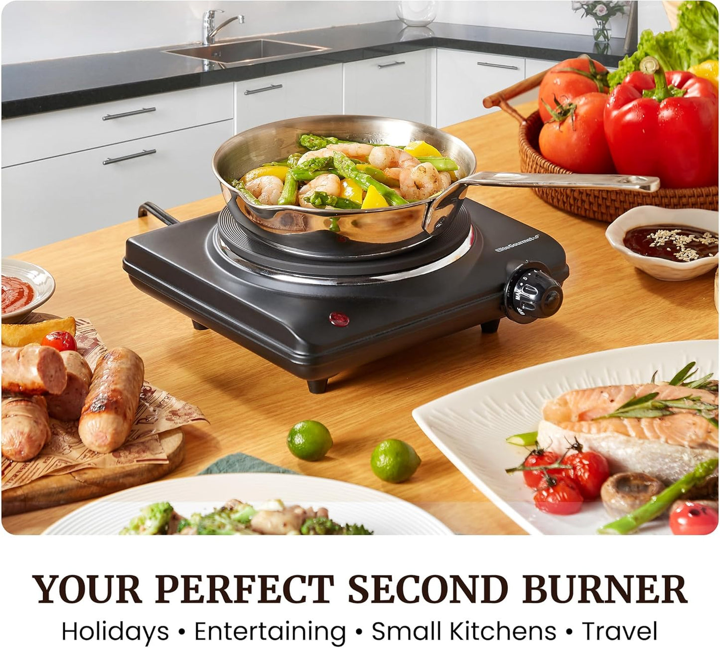 Elite Gourmet Countertop Electric Burner, 1000W Cast Iron Hot Plate, 7 Heat Settings, Portable Cooktop for RV, Dorm, Office & Small Kitchens, Road-Ready & Compact