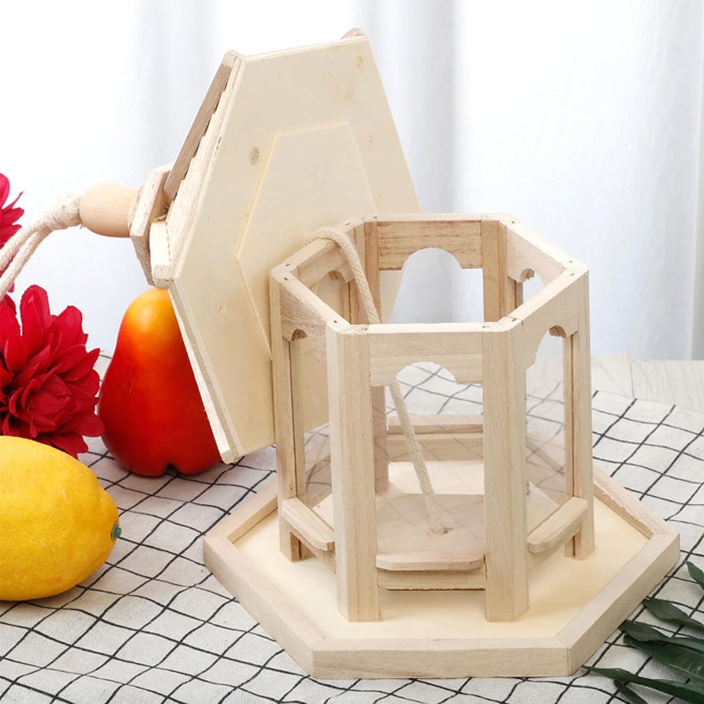 Wooden Bird Feeder for Outside Garden,Hanging Bird Feeders Wood Hexagon Shaped Gazebo Large Capacity for Cardinal Sparrow Finch