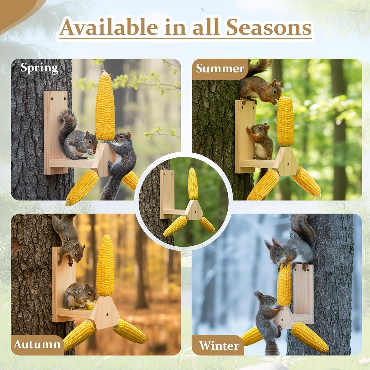 LemonRoad Squirrel Feeder for Outside, Squirrel Spinner Corn Cob Holder with 3 Ears, Wooden Chipmunk Feeder (Beige)