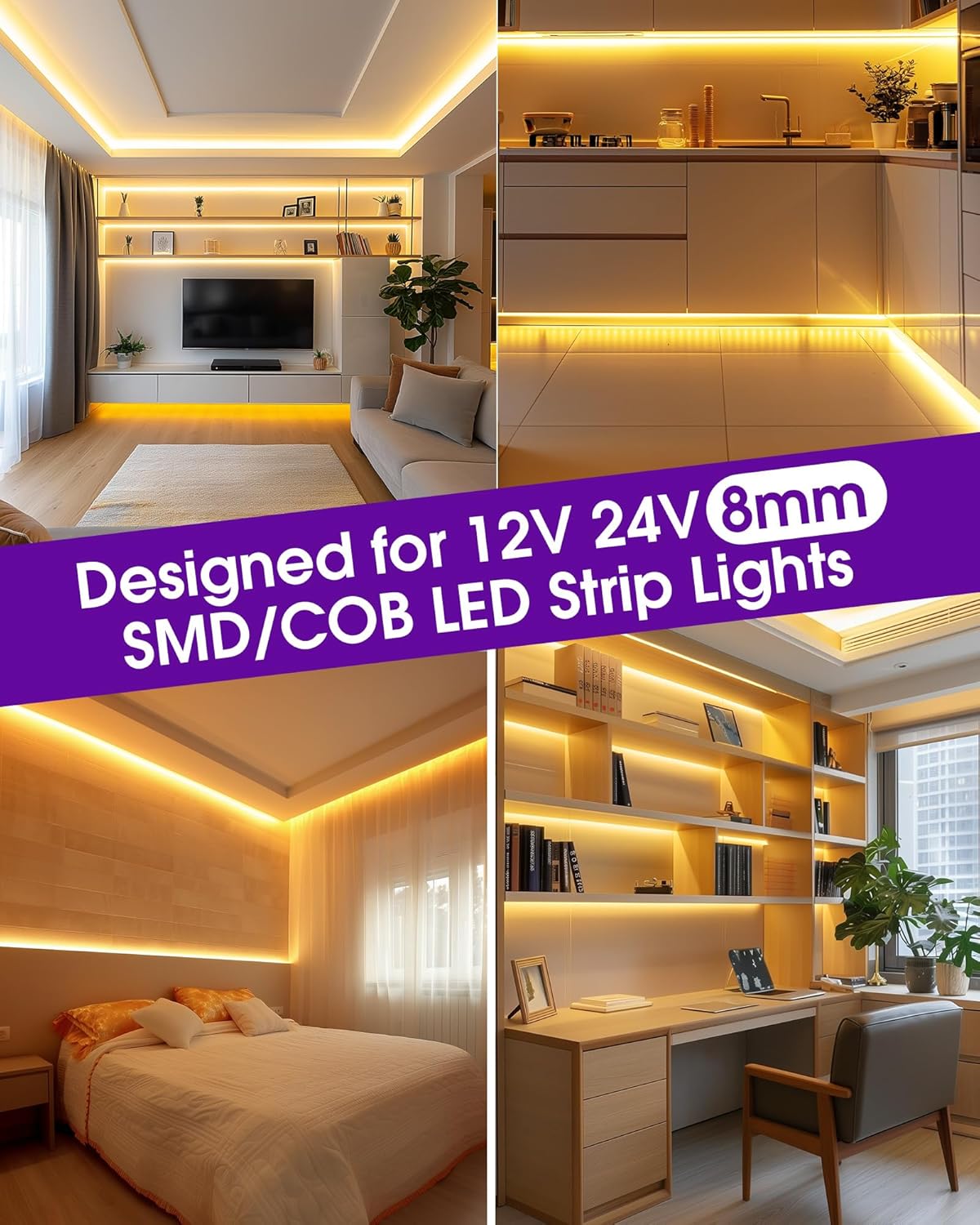HitLights 12 Pack LED Connector 2 Pin 8mm Solderless LED Tape Lights C