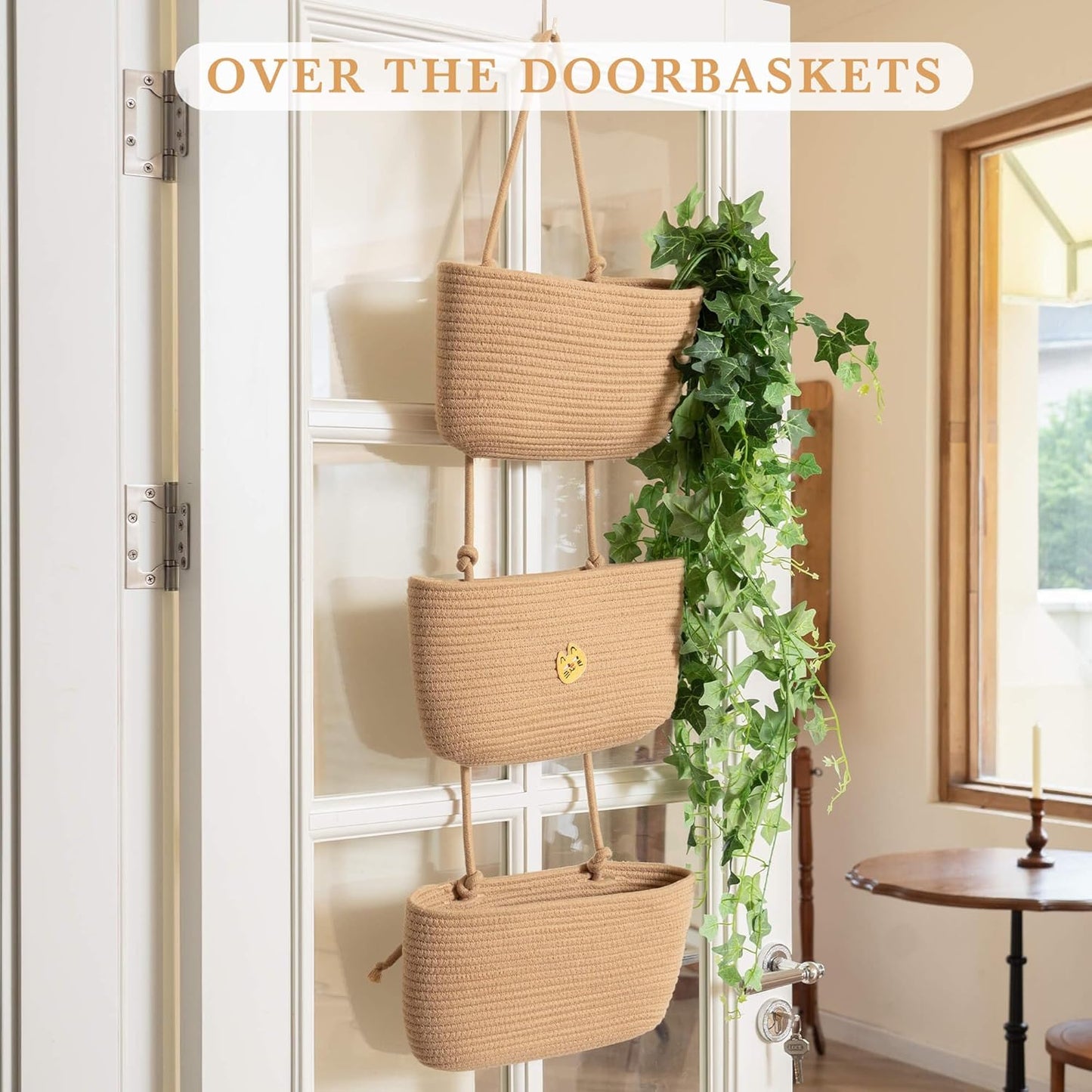 TeoKJ Over the Door Hanging Basket, 3-Tier Woven Cotton Wall-Mounted S