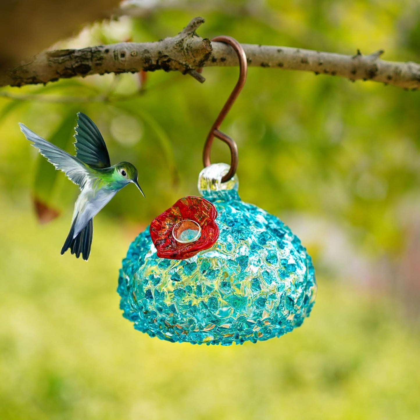 Hand Blown Glass Hummingbird Feeder for Outdoors Hanging Glass Humming Bird Feeder for Garden Backyard Decor