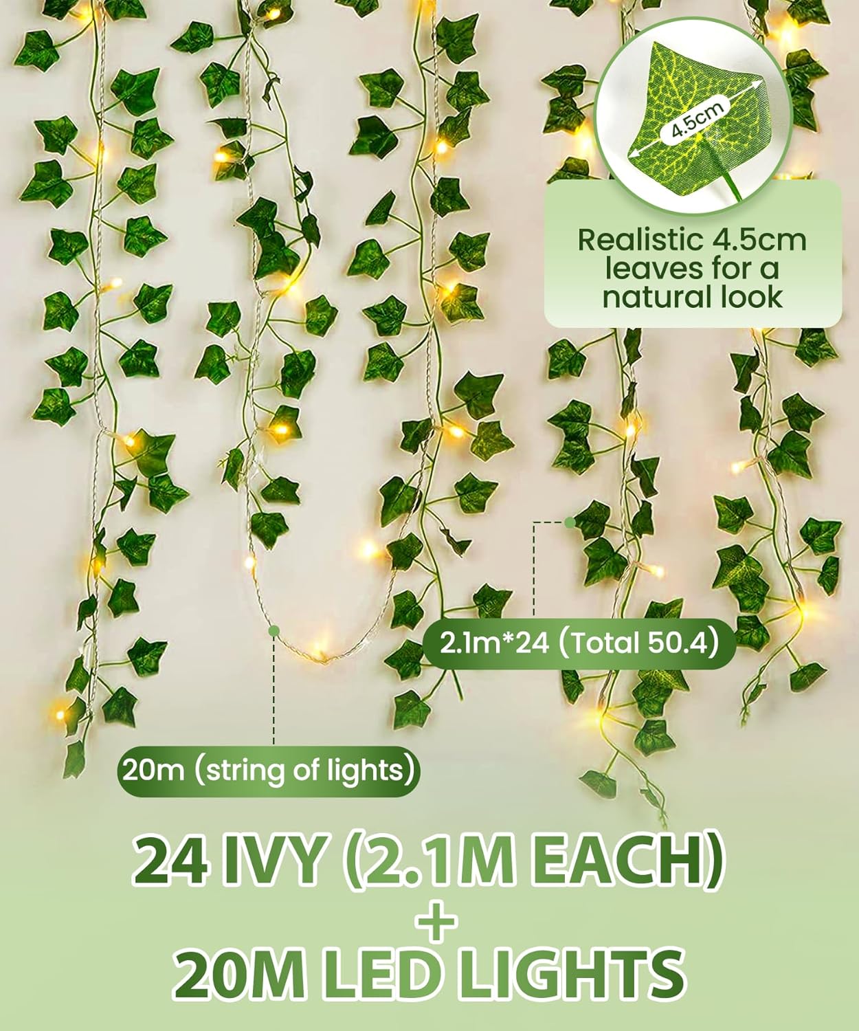 KASZOO 24Pack / Each 82 inch, Artificial Ivy Garland Fake Plants with 160 LED String Light, Green for Wedding Party Garden Outdoor Greenery Wall Decoration
