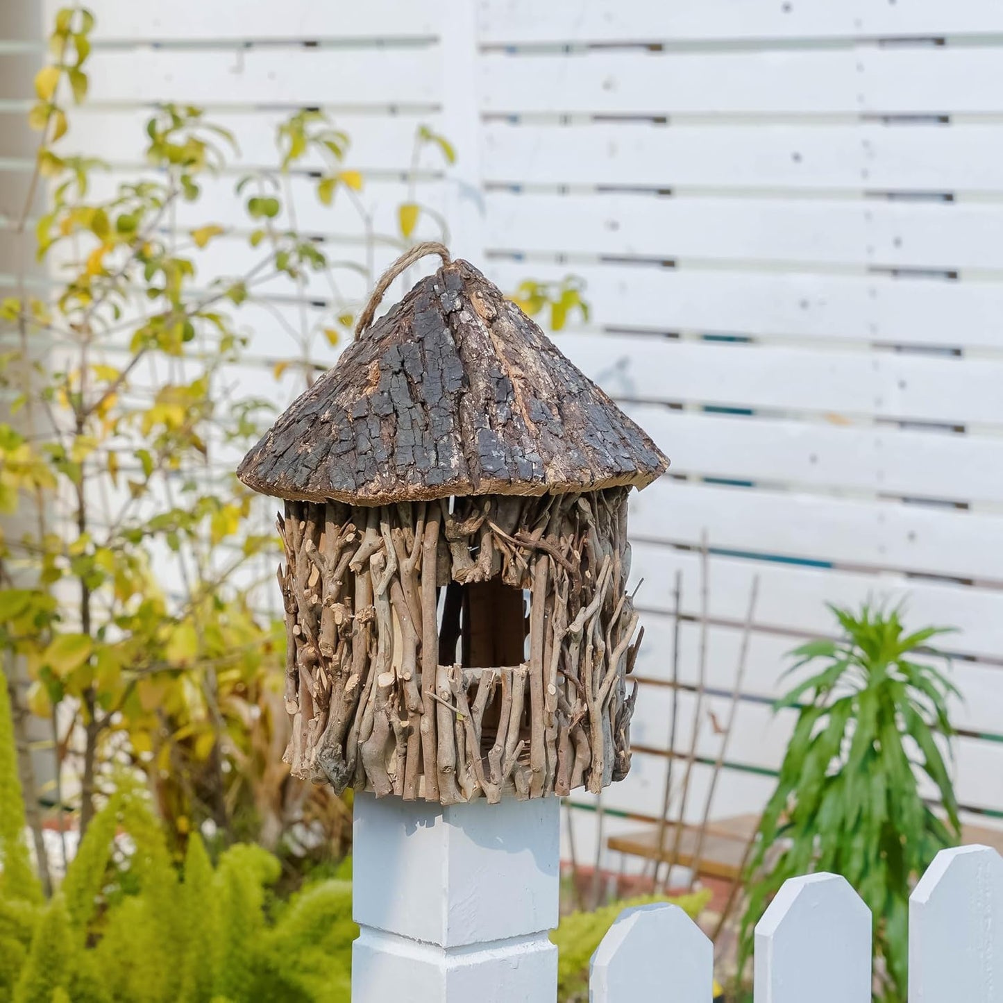 Twig-Covered Cylinder Birdhouse Squirrel House, 2.4" Entry for Medium Birds, Natural Branch Exterior & Waterproof Interior, Woodland Garden Backyard Decor