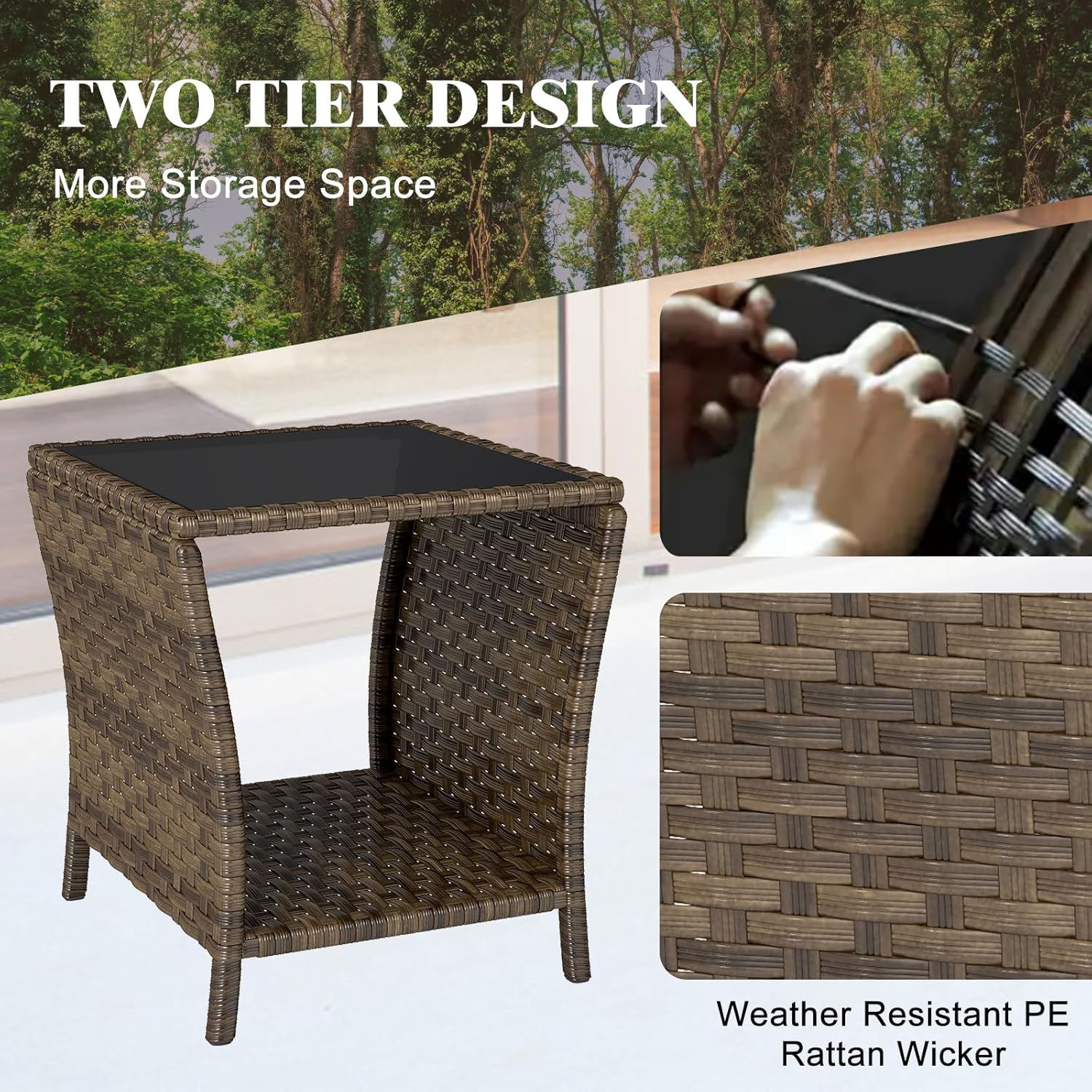 Outdoor Wicker Side Table Rattan Side Tables End Table for Patio with 