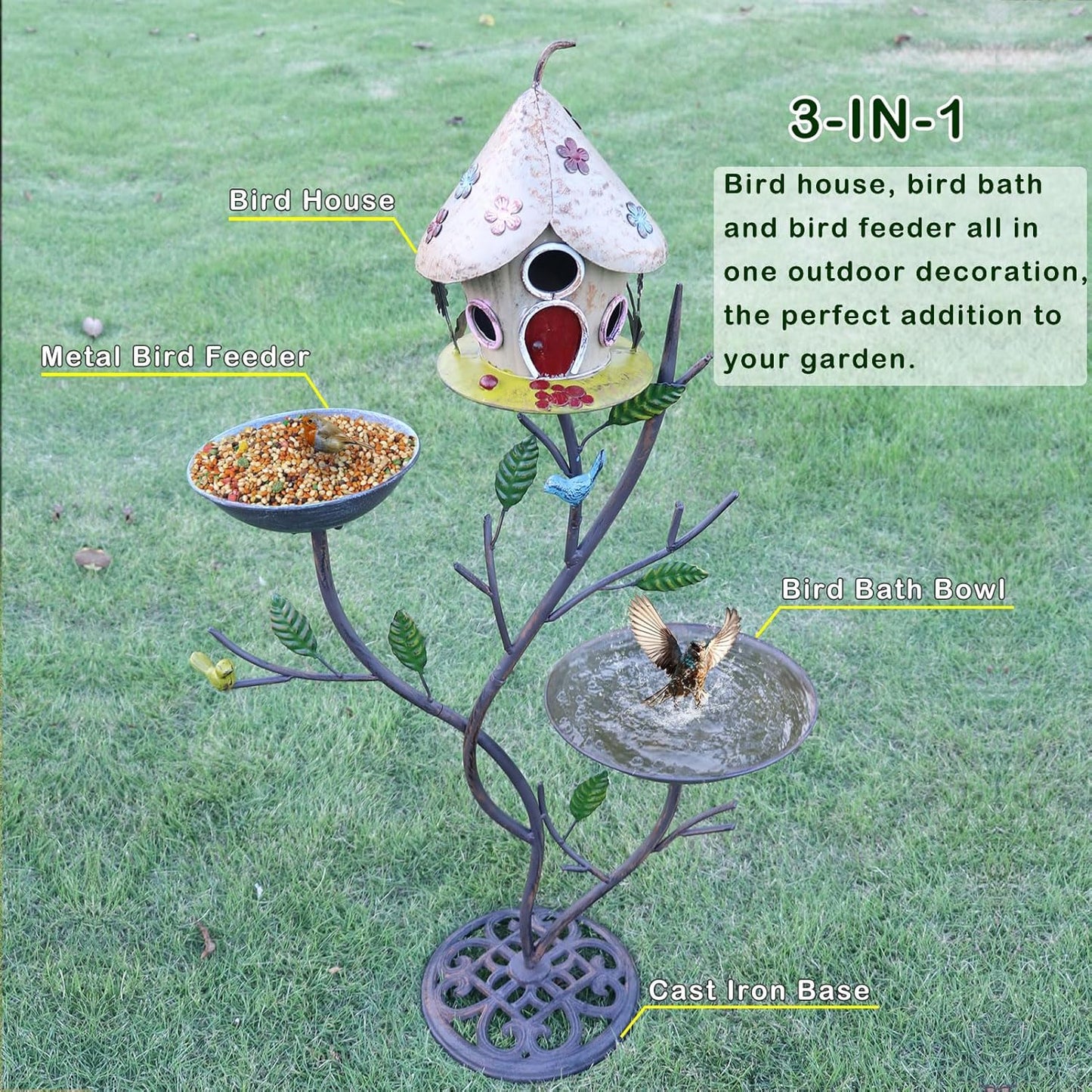 39" H Cast Iron Pedestal Bird Bath, Bird Baths for Outdoors with Metal Bird House Bird Feeder 3-in-1, Garden Yard Lawn Decor