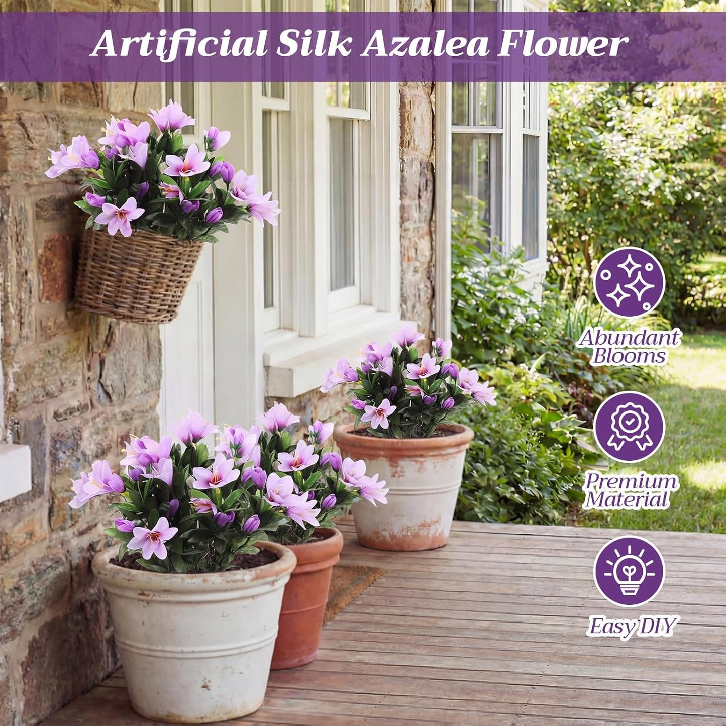 6 Bundles Artificial Azalea Flowers Spring Outdoors Decoration UV Resistant Realistic Fake Silk Azalea Flower for Outside Planters Garden Porch Window Home Flowerpot Decoration(Light Purple)