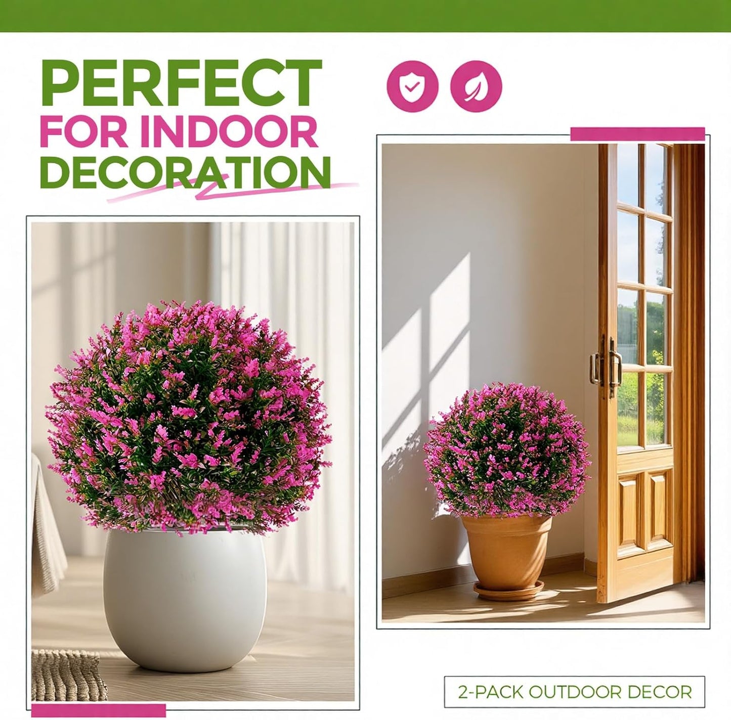 2 Pack 24" Artificial Topiary Ball Plants Trees with Flowers, Outdoor Fake Topiary Plants with Ground Spike, UV Resistant Faux Bushes for Indoor Outdoor Front Door Decor(Rose Pink,Lavender)
