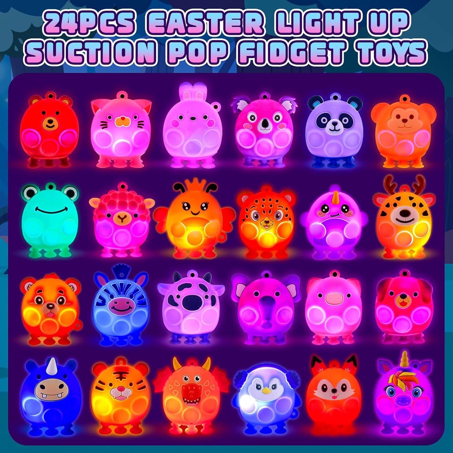 Prefilled Easter Eggs with Light Up 3D Animal Pop Toys, 24 Pack Easter