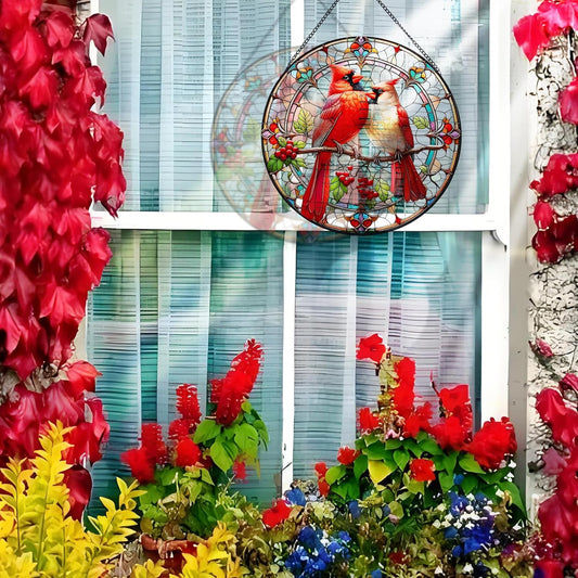 RIVEENY Cardinal Stained Glass Suncatchers for Windows Hanging,Couple Red Love Birds Sun Catchers for Christmas Ornaments, Stained Glass Cardinal Memorial Gifts for Women Mom 20cm/7.87inch