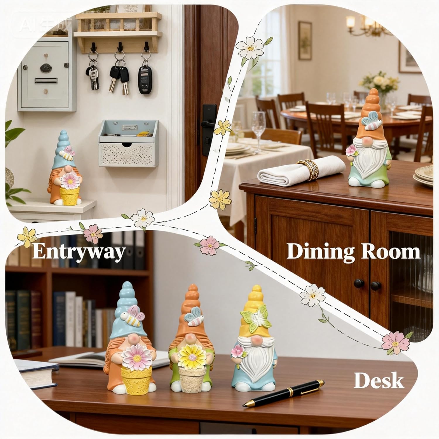 Set of 3 Garden Gnomes with Flower | Spring Decorations for Home, Indo