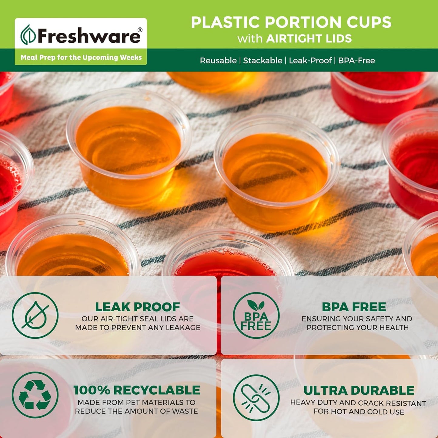 Freshware Plastic Portion Cups with Lids [2 Ounce, 200 Sets] Disposable Plastic Cups for Meal Prep, Salad Dressing, Jellos Shot Cups, Souffle Cups, Condiment and Dipping Sauce Cups