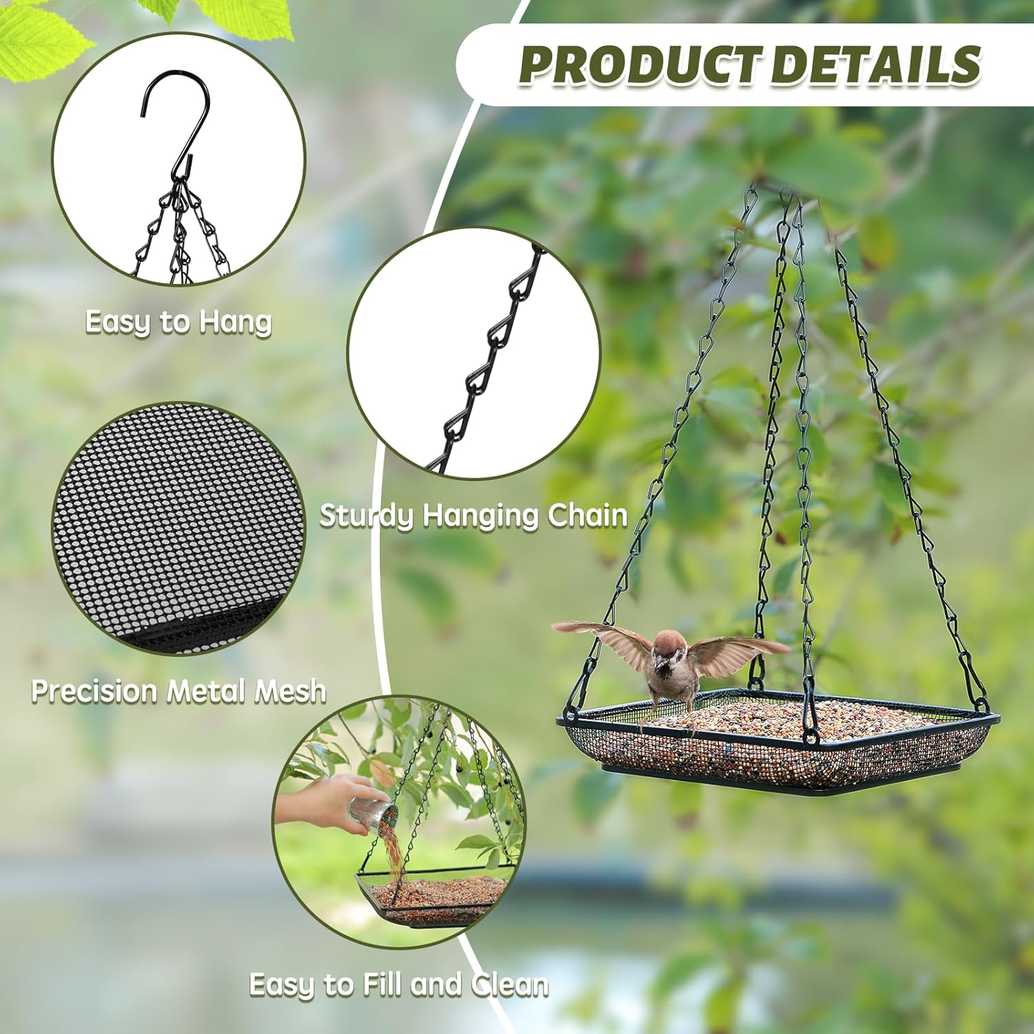 MIXXIDEA Hanging Bird Feeder Tray Metal Mesh Platform Seed Feeder with