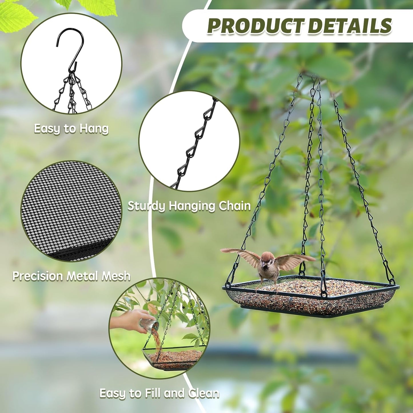 MIXXIDEA Hanging Bird Feeder Tray Metal Mesh Platform Seed Feeder with Durable Chains for Outdoors Garden Great for Attracting Birds (2 Pack)
