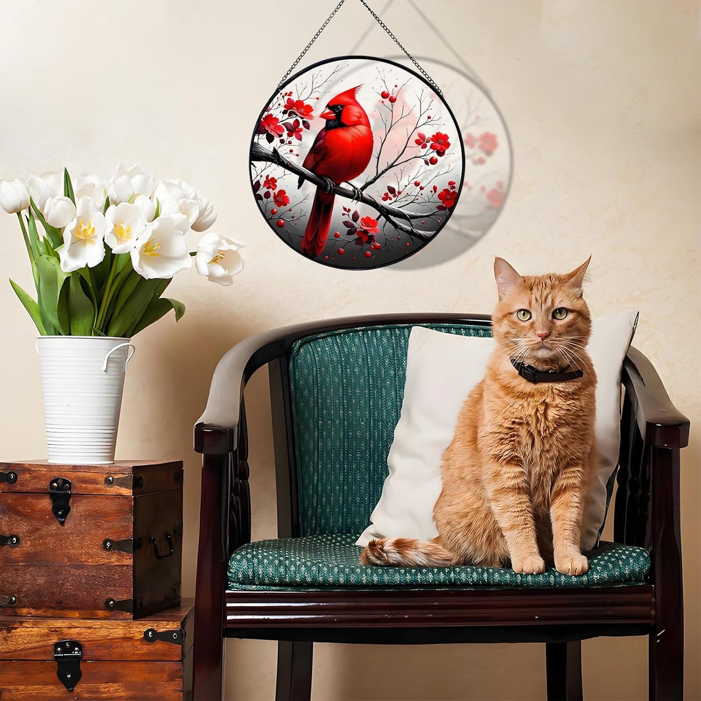 RIVEENY Cardinal Stained Glass Window Hanging,Cardinal Stained Glass Suncatcher,8" Window Suncatcher Hanging Ornaments Wall Art, Hand-Painted Glass Panel Home Decor for Mom Grandma