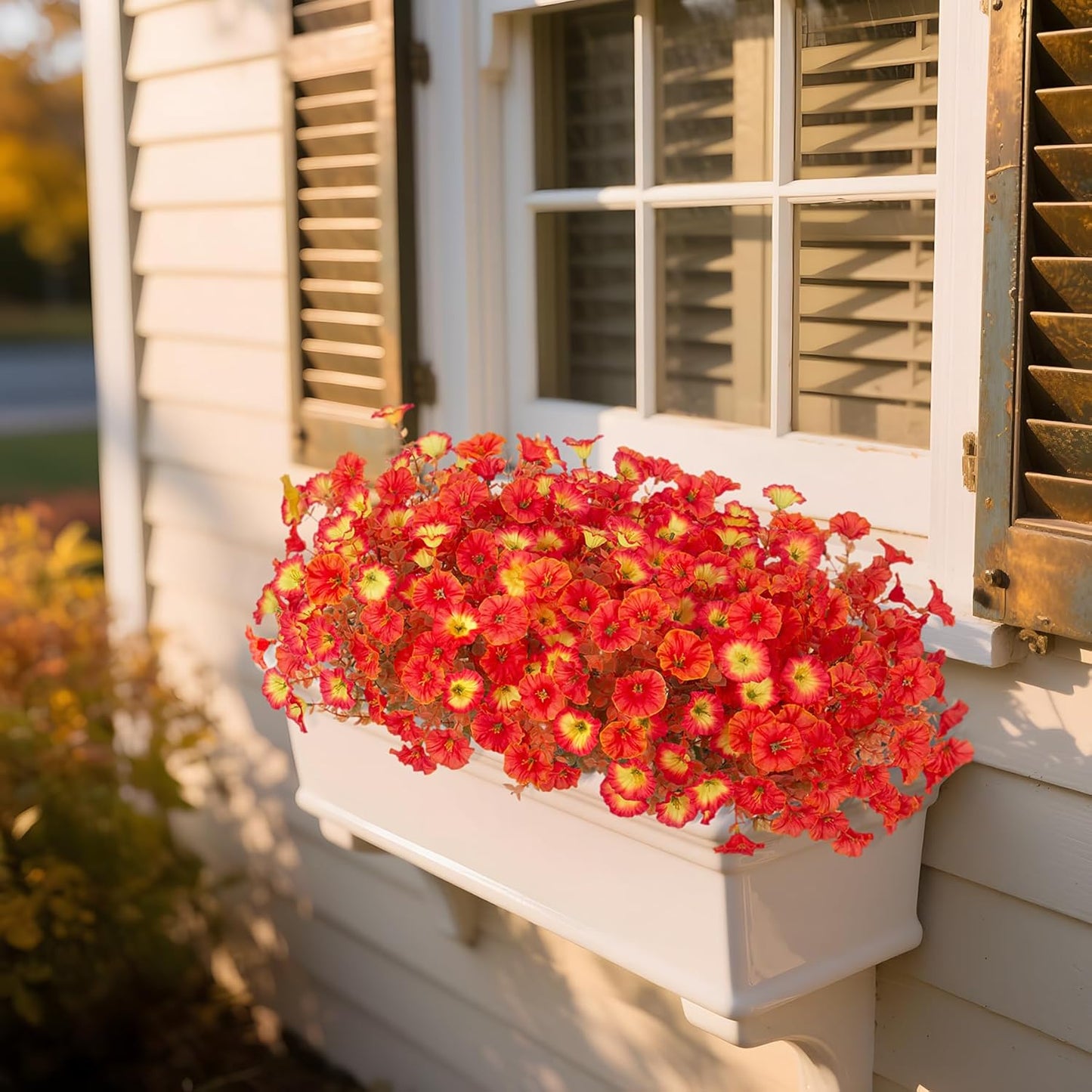 Fake Fall Flowers Artificial for Decoration, 12 Bundles Faux Plants Silk Orange Flowers Morning Glory Petunias Realistic UV Resistant for Outdoors Planter Porch Patio Window Box, Sunset