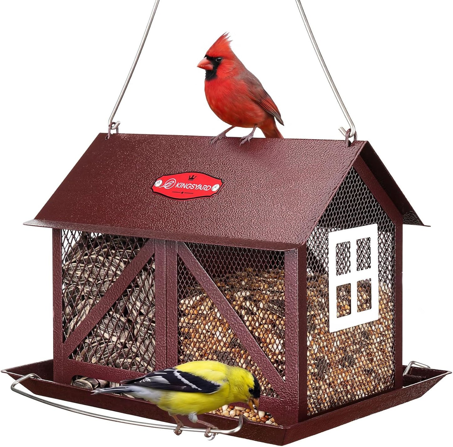 Kingsyard Metal Bird Feeder for Outdoors Hanging, 2-in-1 Wild Bird Feeder with Seed Tray & Built-in Perch, 5 lb Large Capacity for Cardinal Chickadee Finch, Bronze