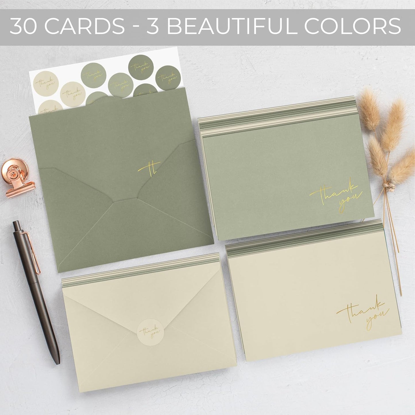 Beautiful Thank You Cards Set of 30 With Envelopes and Stickers - Elegant Blank Cards For Personalized Notes - Perfect Bulk Stationary Set For All Occasions incl. Weddings, Business & Baby Showers