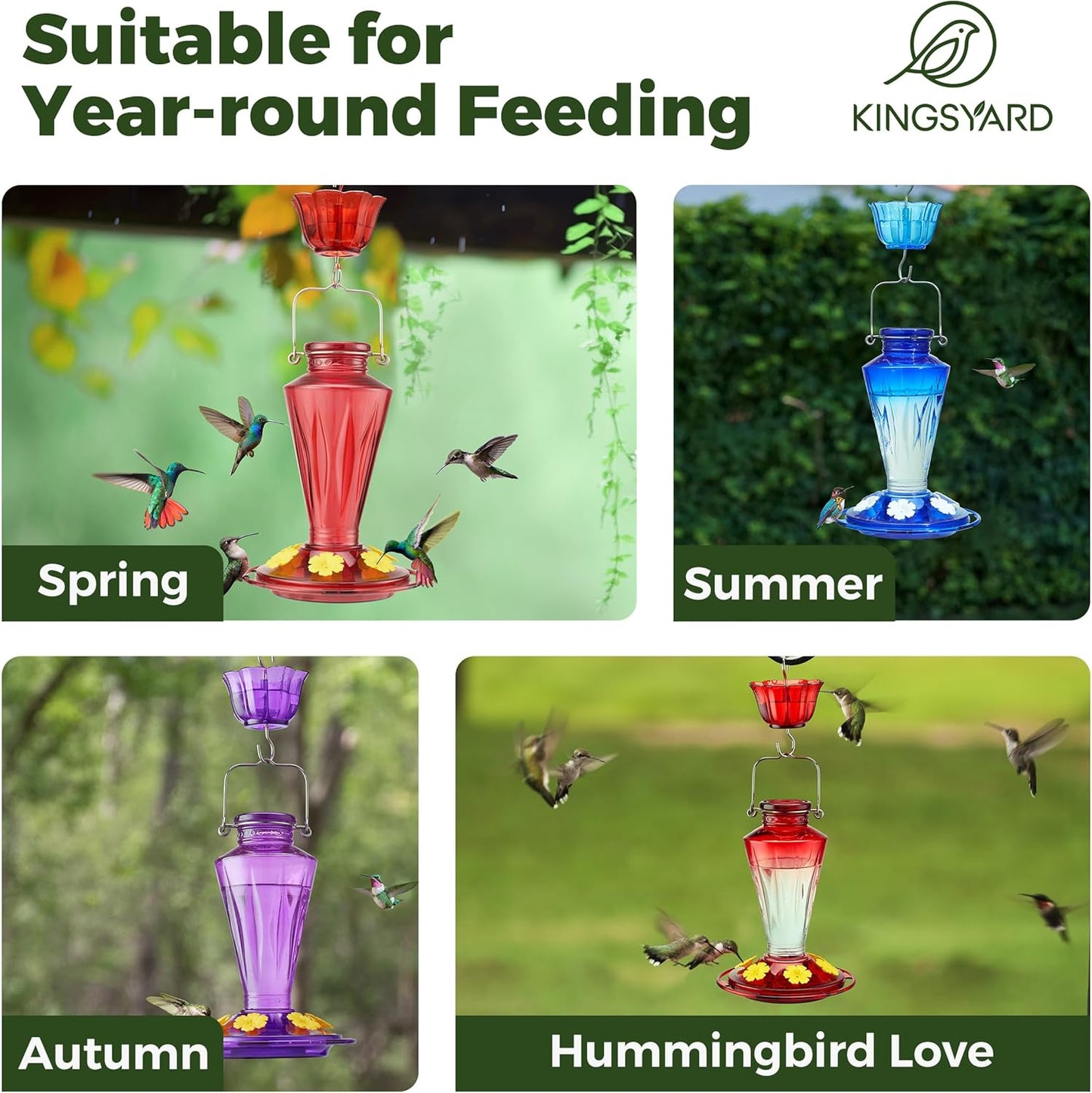 Kingsyard Glass Hummingbird Feeders for Outdoors Hanging Ant & Bee Proof, 16 Ounces Bird Nectar Feeder 6 Flower Feeding Ports, Leak Proof, Easy to Refill & Clean, Ant Moat Included, Red