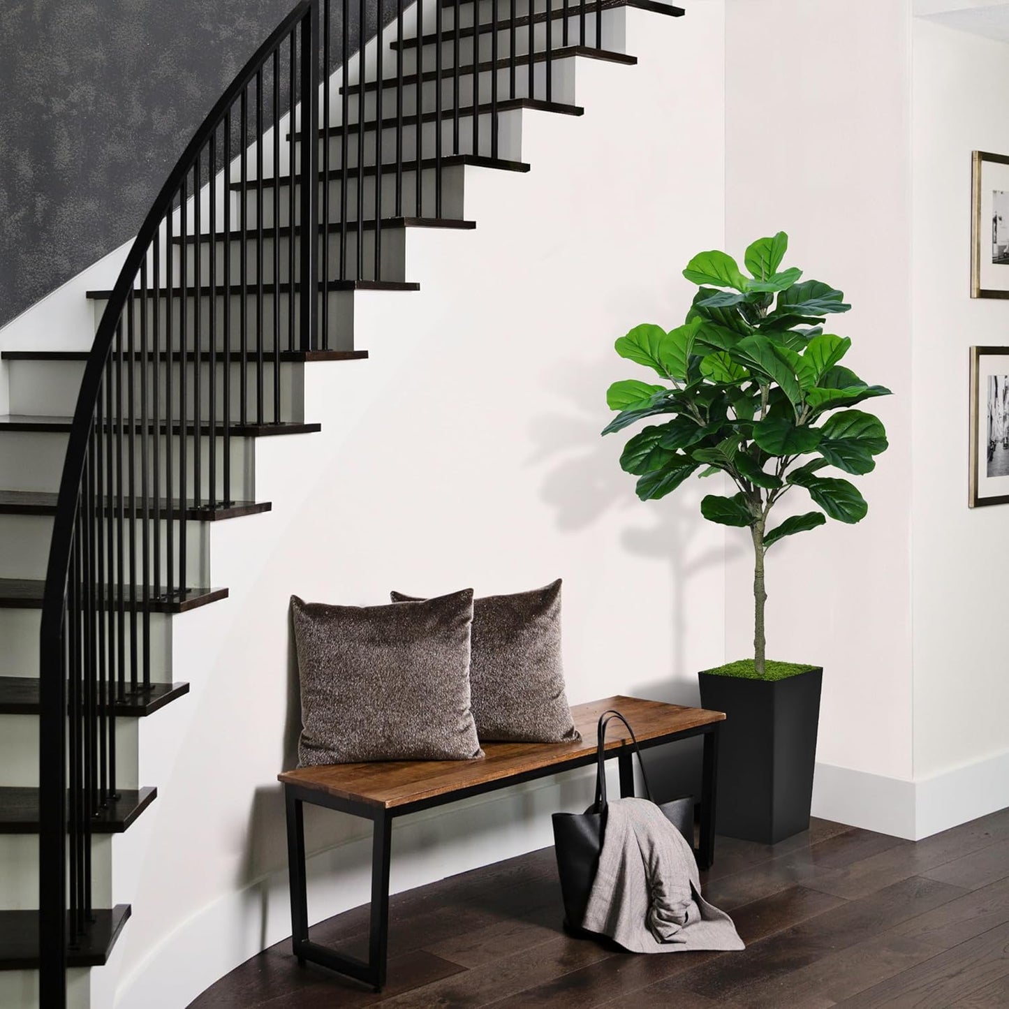 Fiddle Leaf Fig Tree Artificial 5FT - Faux Plant With Black Tall Planter - Fake Ficus Lyrata Floor Plant in Pot for Home Office Living Room Decor Indoor