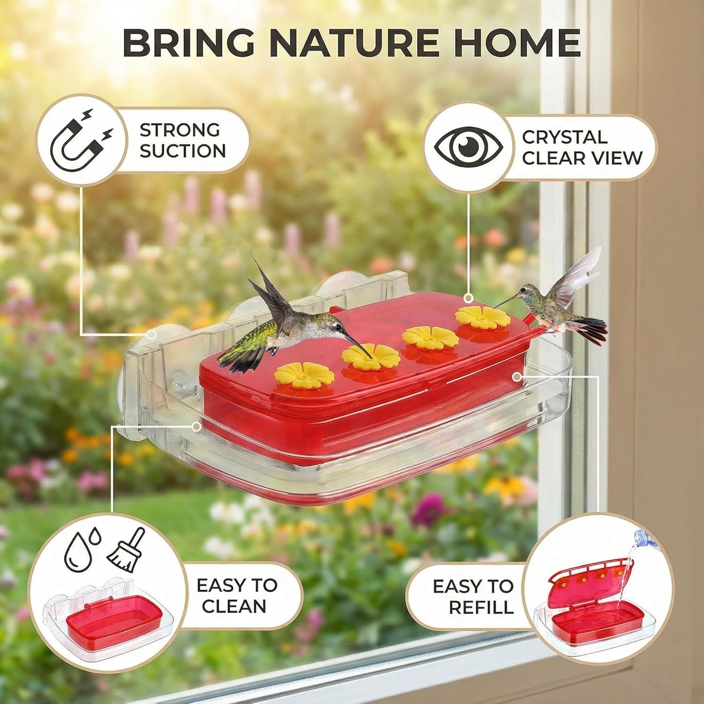 2 Pack Window Hummingbird Feeder,Strong Suction Cup Hummingbird Feeder with 4 Feeding Ports,Built-in Moat,Easy to Clean and Refill Plastic Humming Bird Feeder,Gift for Bird Lovers(10oz, 2 Red)