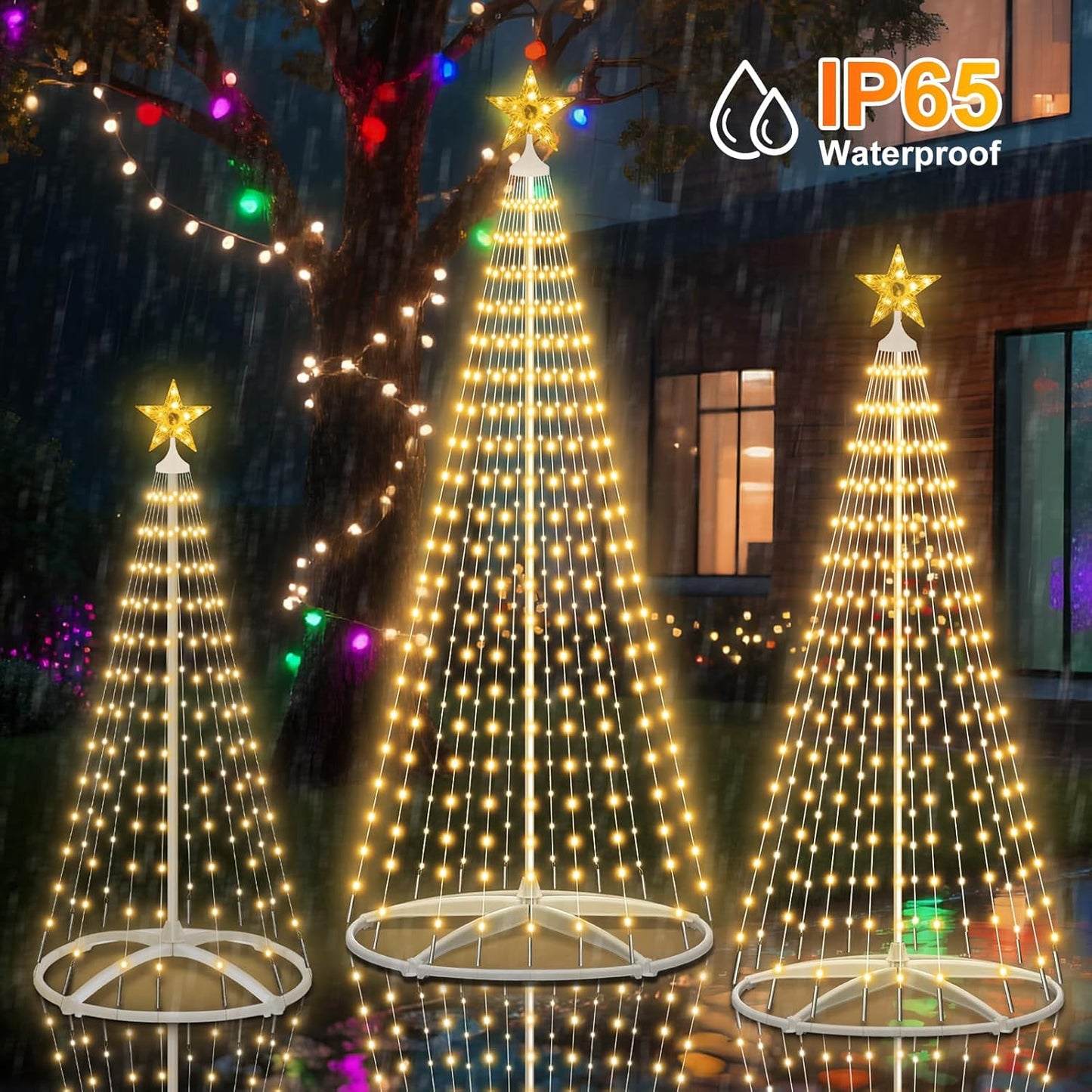 Outdoor Solar Christmas Tree, 3PCS LED Christmas Trees with Remote, 5ft/6ft/7.5ft Multi-Size Set, 8 Modes, IP65 Waterproof, USB Backup, Auto On/Off for Yard Garden Holiday Decor, Warm White