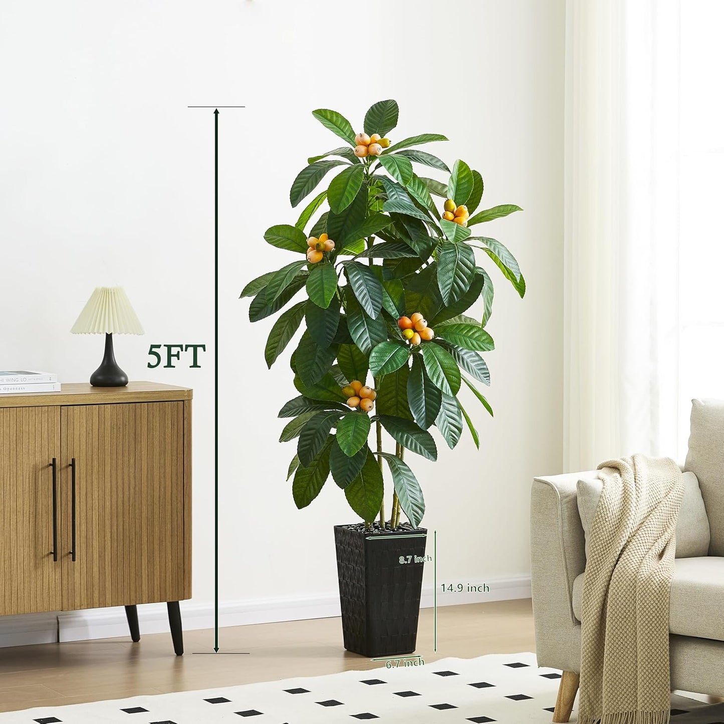 5FT Artificial Tree with Fruit, Artificial Loquat Tree, Large Fake Green Tropical Fruit Tree Silk Floor Plants Indoor with Black Planter for Outdoor Home Room Office Patio Decor