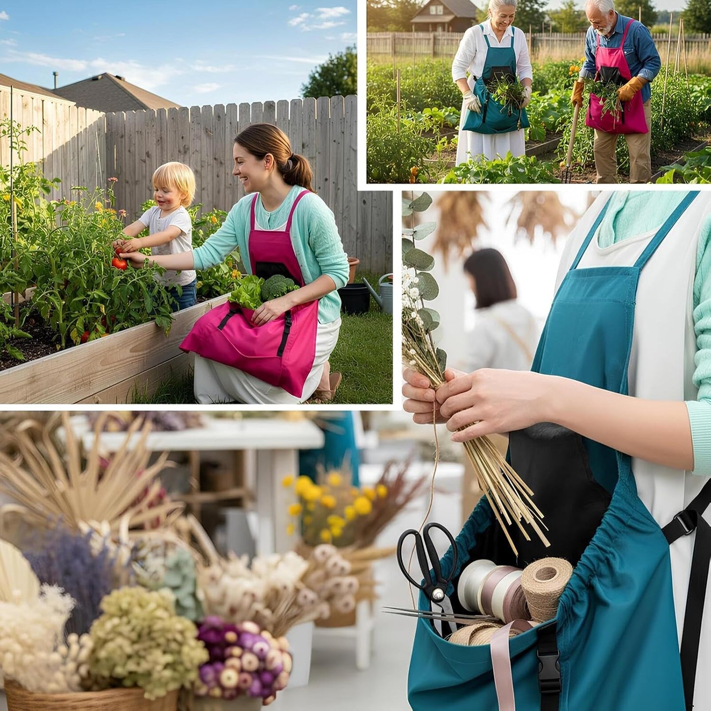 Cuffbow 2 Pack Harvest Gardening Aprons with Pockets for Women & Men Garden Picking Apron with Fast-release Buckle for Fruit Picking & Harvesting Gardening Tool Gifts for Mom Dad(fuchsia & turquoise)