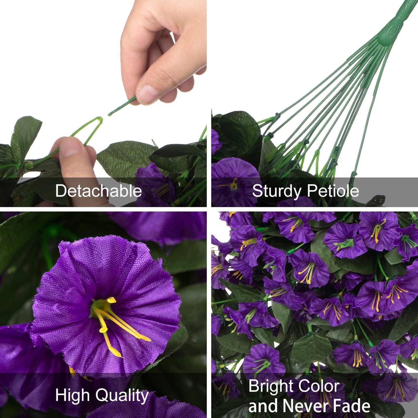 HyeFlora Artificial Fake Hanging Flowers Plants for Outdoor Outside Summer Decoration, 2PCS Faux Silk Morning Glory Purple UV Resistant Look Real Trailing Vines for Home Planter Porch Patio