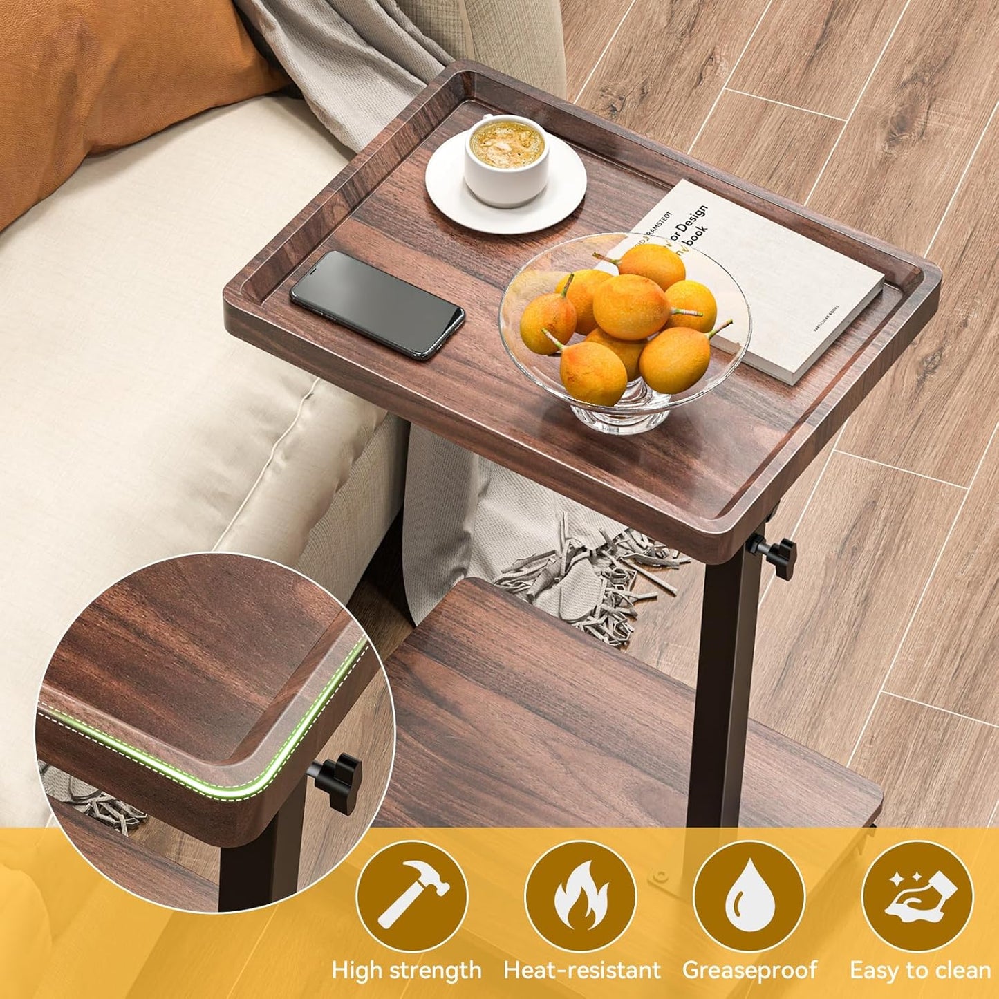 C Table End Table Adjustable Height, 360°Swivel TV Tray Table for Smal