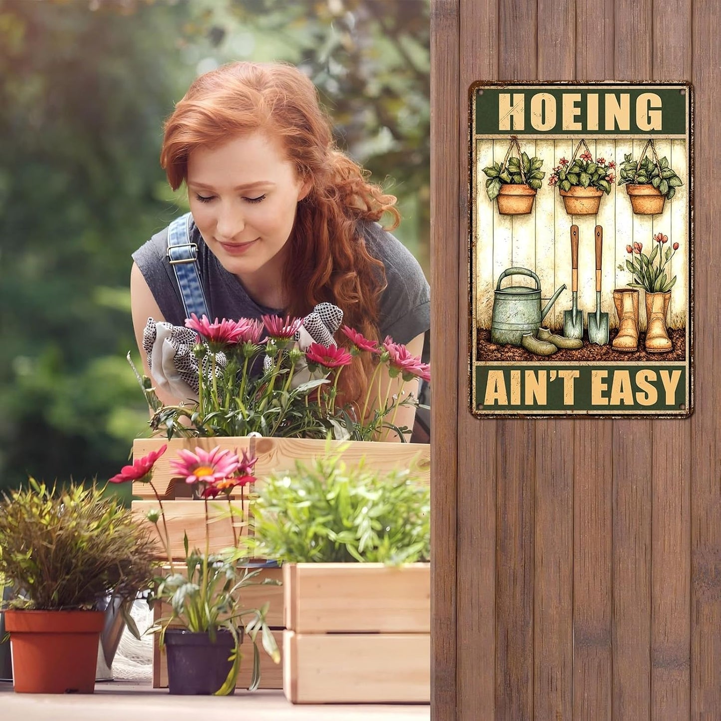 Hoeing Ain't Easy Metal Signs For Outside Rustic Metal Decor Garden Tool Tin Sign for Patio Backyard Greenhouse Planting Room 12 * 8inch