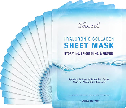 Ebanel 15 Pack Collagen Face Mask with Hyaluronic Acid, Vitamin C, Pep