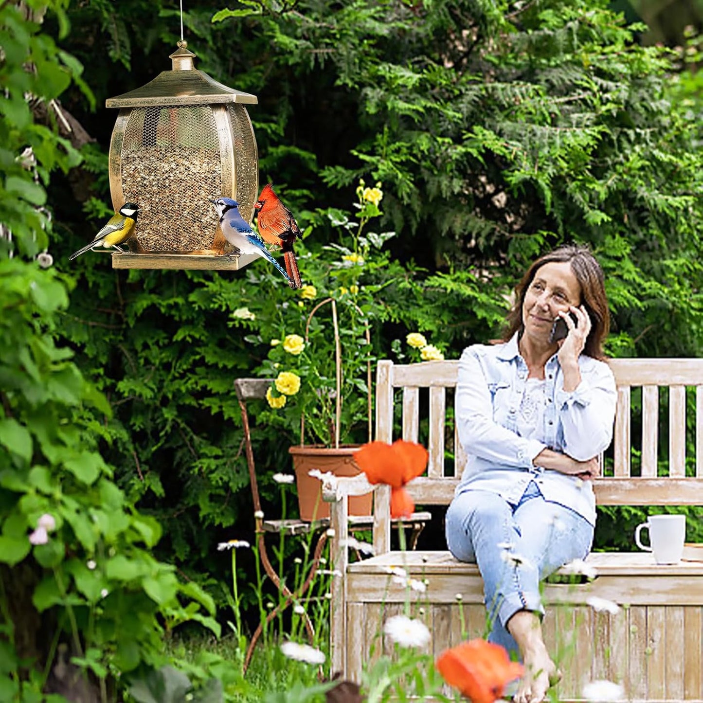 Bird feeders for Outdoors, Heavy Duty Metal Wild Bird Feeders for Outside Hanging, 9 Lbs Extra Large Capacity Retro Lamp Shape Birdfeeder for Garden Yard Outside Backyard, Easy Fill