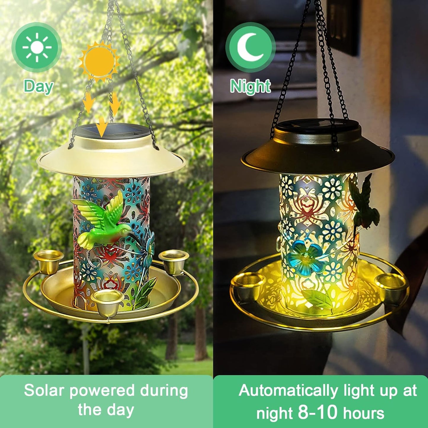 Solar Bird Feeder for Outdoors Hanging, Metal Waterproof Hummingbird Feeders Outside Wild Bird Feeders with 3 Water Feeder Cups and LED Light, Gift for Birds Lovers, Garden Lantern Decoration
