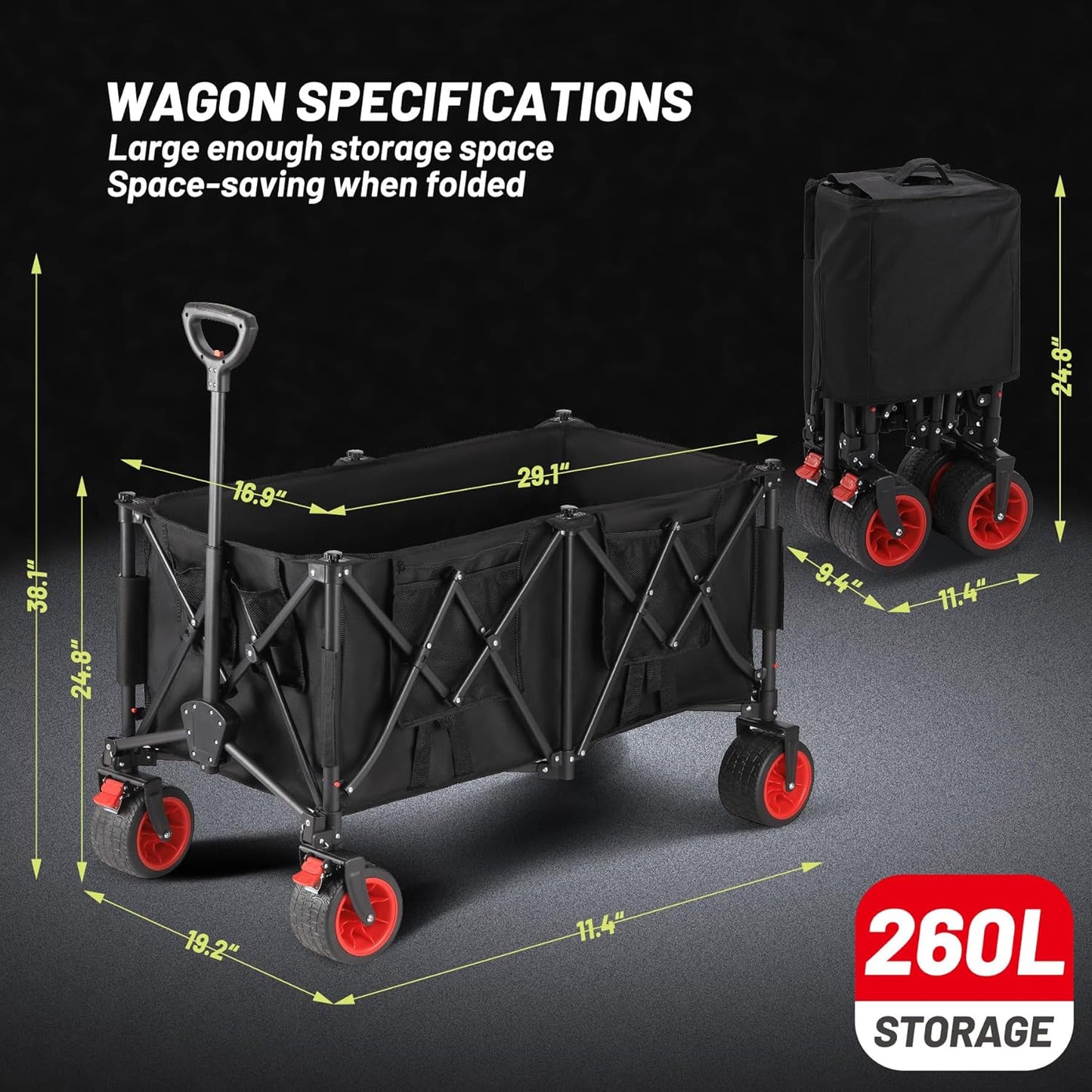 GAOMON 260L Large Collapsible Folding Wagon, Heavy Duty Beach Wagon Cart with Wheels, 400 Lbs Capacity Folding Shopping Cart with Side Bag and Cup Holders for Sports, Camping, Garden