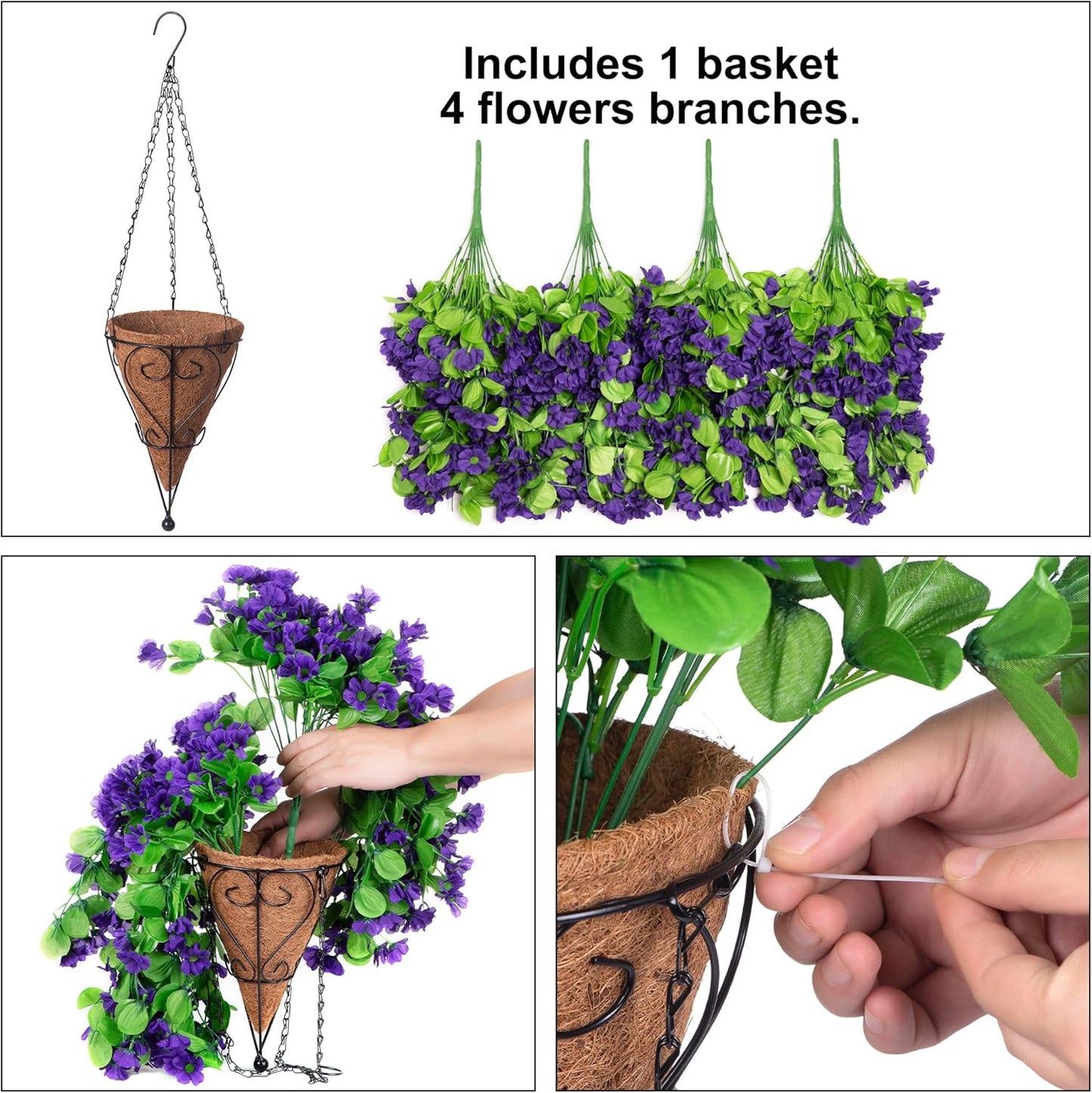 Artificial Hanging Flowers in 12 inch Basket, Fake Plant Silk Orchid Flower Arrangement with Coconut Lining Pot Planter for Patio Garden Porch Deck Spring Summer Decor(Dark Purple)