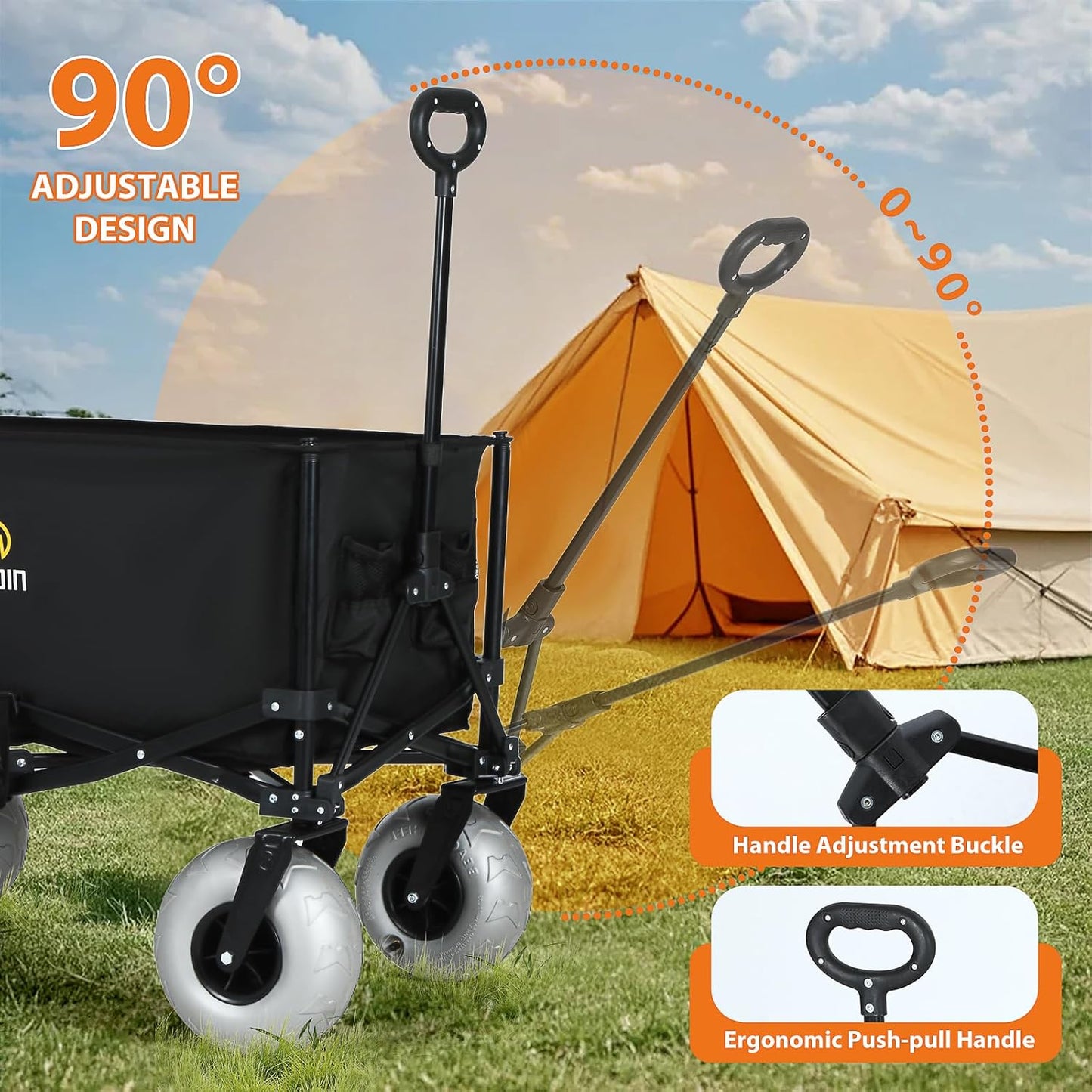 Nice C Beach Wagon, Heavy Duty Folding Utility Cart with 9" Balloon Wheels for Sand, 220 lbs Capacity, Adjustable Handle, Collapsible Beach Cart for Camping, Picnic, Outdoor, Groceries