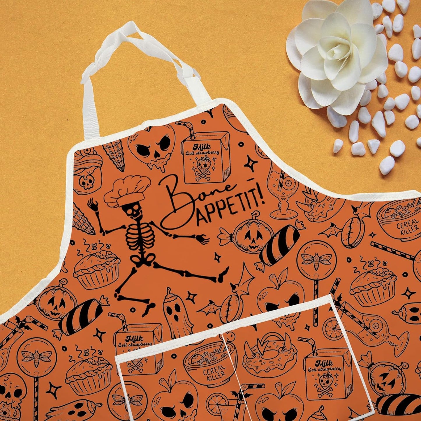 WCGXKO Bone Appetit Skeleton Halloween Kitchen Apron Halloween Cooking Gift Spooky Chef Gift for Chef