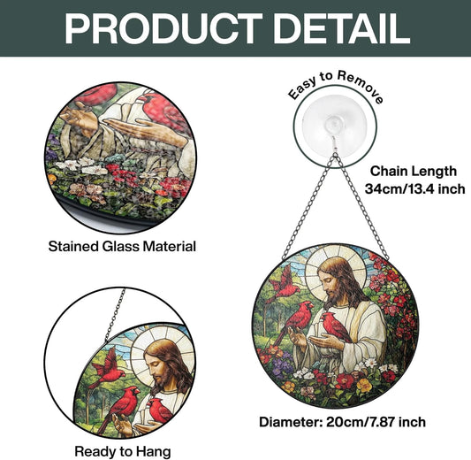 Christian Gifts for Women Faith Red Cardinals Window Hanging Suncatcher Stained Glass, Jesus & Cardinal Faith Home Decorations Jesus Gifts for Women of God Christmas Religious Catholic Gift For Memory