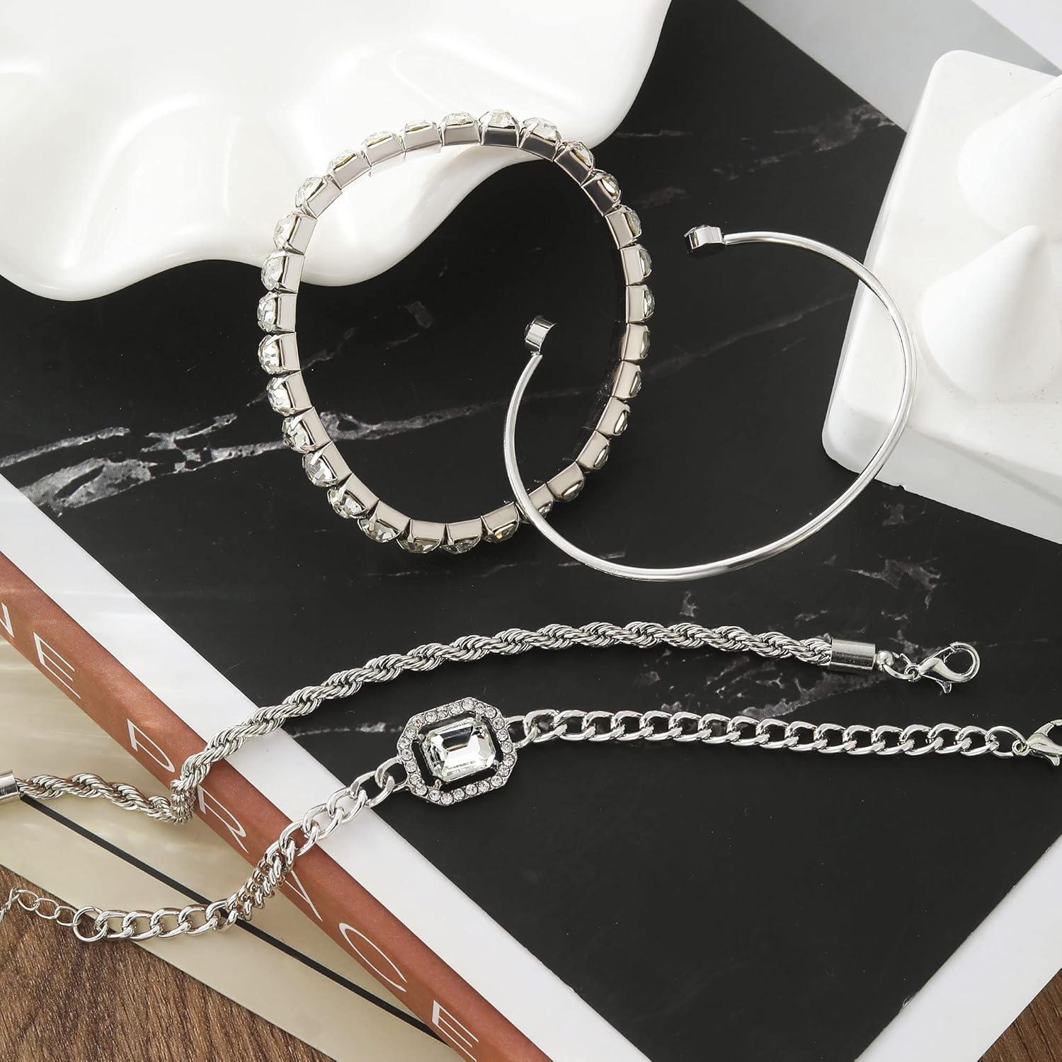4 Pcs Dainty Gold Silver Bracelets Set for Women 14K Plated Link Cubic