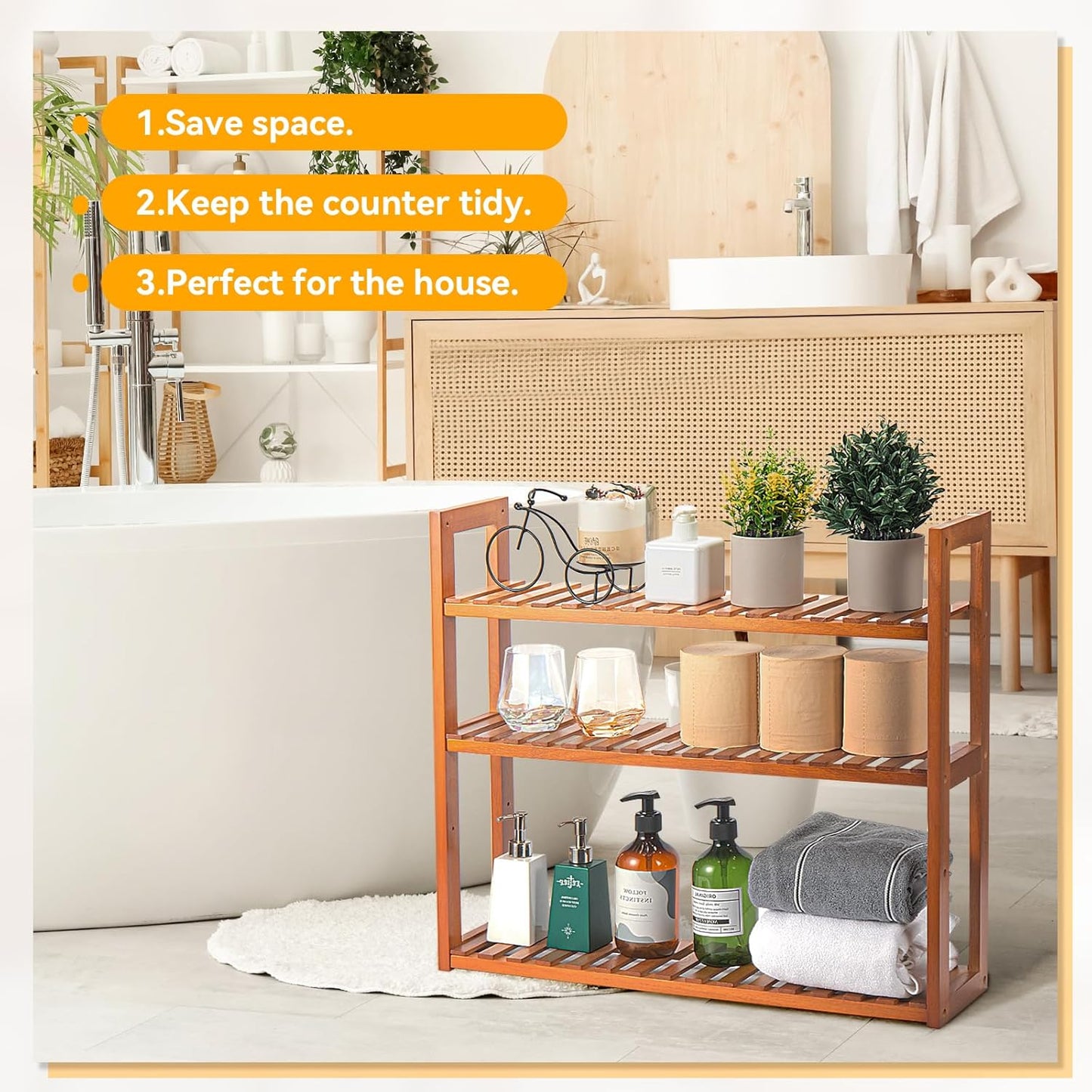 Wood Bathroom Shelf, 3-Tier Adjustable Shoes Rack&Plants Rack, Wall-Mo
