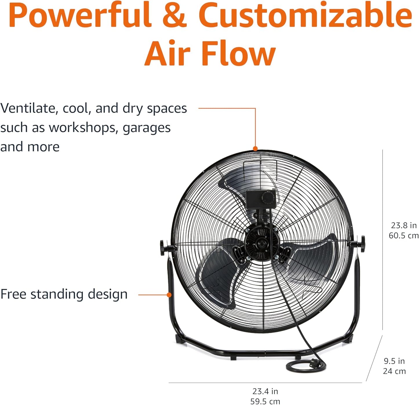 Amazon Basics 20" High Velocity Industrial Cooling Floor Fan with 3 Speeds, Tilt Head, ETL-Listed Safety Compliance, Metal Housing and Blades, for Commercial Space/Garage/Gym, 125W, Black