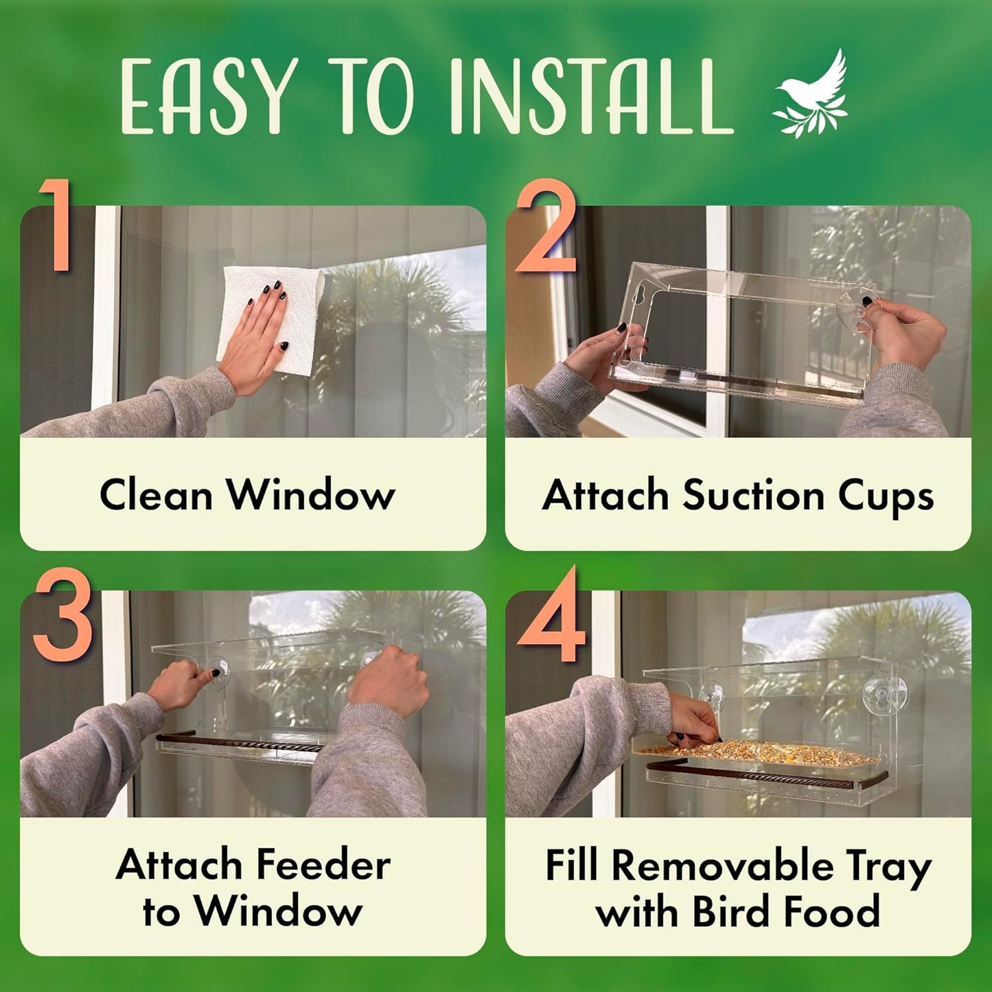 Clear Window Bird Feeder - Sturdy & Easy to Install with Strong Suction Cups-Detachable Design for Effortless Cleaning-Perfect Wildlife Watching by Cats, Kids & Elderly-Window Bird Feeders for Outside
